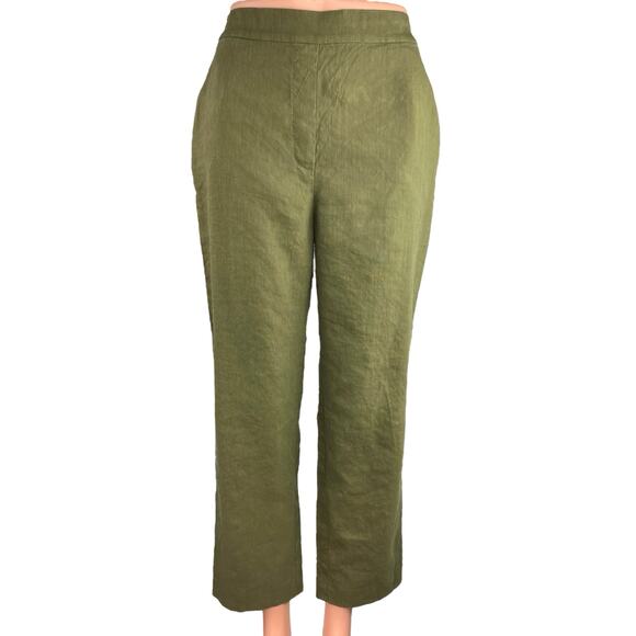 St. John Olive Green Linen Curvy High Rise Pull On Cropped Trouser Pants Sz XSP